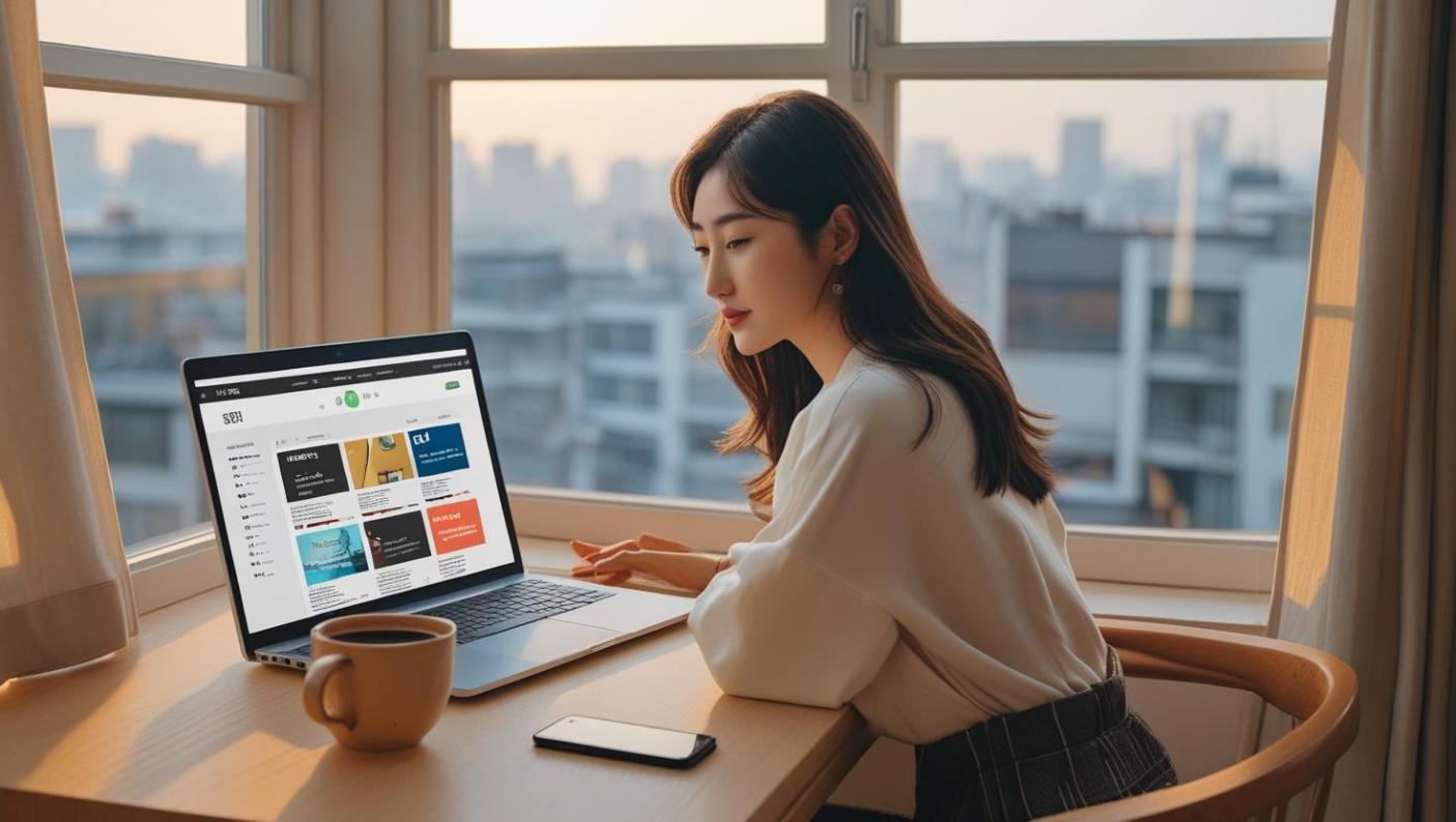 Young Korean woman browsing laptop at home with morning light and coffee.