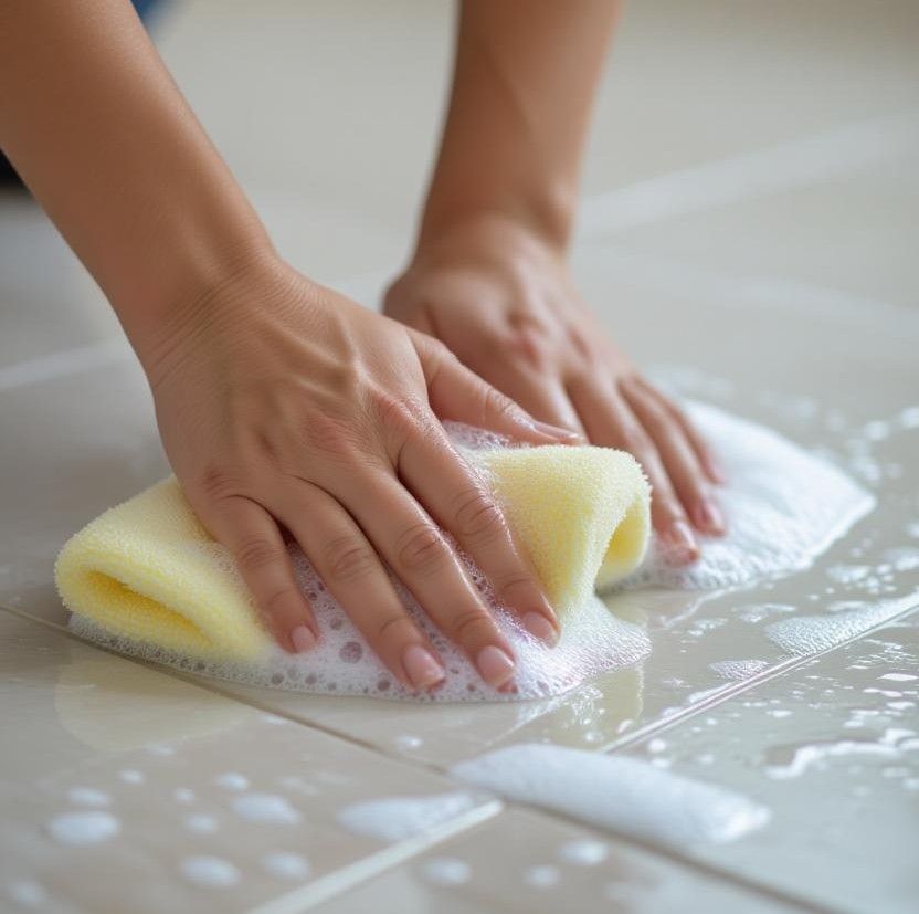 hands scrubbing a tiled floor